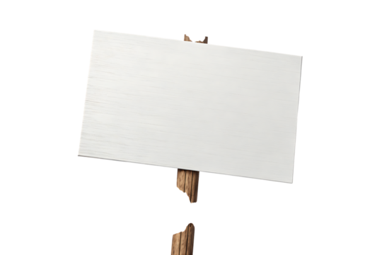 Blank white rectangular sign mounted on rough wooden post, cutout, PNG isolated on transparent background