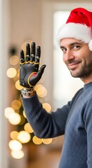 Man with prosthetic arm wearing Santa hat, smiling and waving at camera
