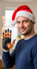Man with prosthetic arm wearing Santa hat, smiling and waving at camera