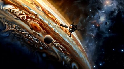 Planet Jupiter closeup. Digital art scifi wallpaper background. A vivid depiction of the planet Jupiter, with its iconic rings and a satellite orbiting it.