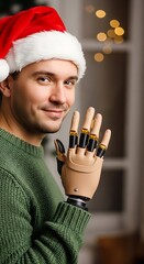 Man with prosthetic arm wearing Santa hat, smiling and waving at camera