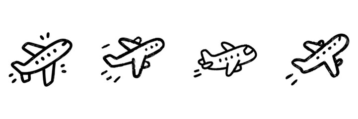 Airplane Line Icon Set In Doodle Style. Aviation, Travel, And Transportation Outline Sketch Collection. Hand Drawn Isolated Vector Illustration