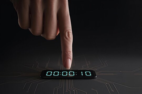 Human finger interacts with a sleek digital countdown timer displaying 00:00:10, set against a dark technological background with glowing circuit lines, representing speed and control.