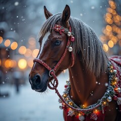 Horse joyful posing embodying winter celebration against snowy bokeh lights