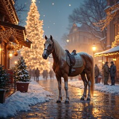 Horse serene standing symbolizing holiday charm against a festive shop-lined street at dusk