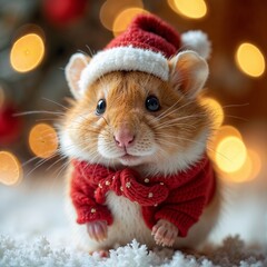 Hamster cozy gazing highlighting festive attire against golden holiday lights