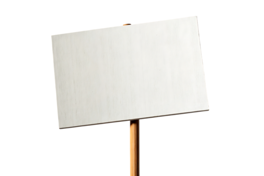 Blank white rectangular sign on a wooden pole, cutout, PNG isolated on transparent background