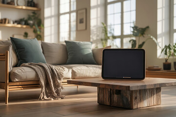 Blank screen digital tablet mock-up sitting on a rustic wood coffee table in a bright, modern, minimalist home living room setting with natural sunlight.