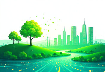 "Futuristic eco-tech landscape vector art showing integration of nature and smart city — green energy grids, digital trees, and flowing circuit patterns symbolizing clean technology, minimal modern 