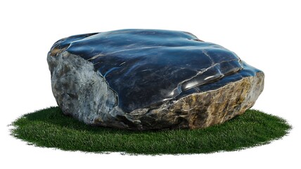 Large smooth rock on green grass isolated on white background
