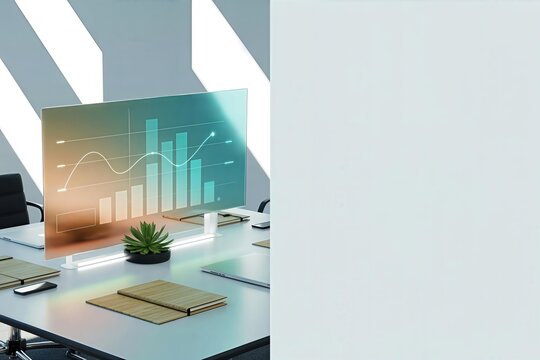 Futuristic Transparent Screen Displaying Glowing Business Growth Charts in a Bright, Minimalist Conference Room with Copy Space