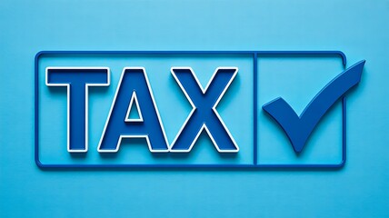 Tax concept with 3D blue letters and check mark on bright background
