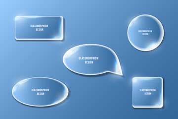 Glassmorphism shapes with smooth glossy edges on blue background. Modern glass UI elements rectangle, oval, circle, square and speech bubble design