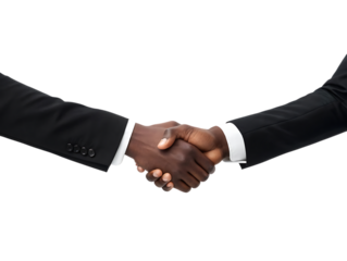 Two men in black suits shaking hands with white shirt cuffs visible, cutout, PNG isolated on transparent background