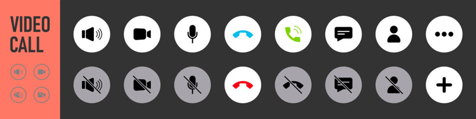 Set of Video call icons. Video conference. Collections buttons of on-line video chat app, internet talk, call technology. Web app ui display template. Videoconferencing and online meeting workspace