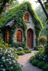 Charming Ivy-Covered Rose Stone Cottage Enveloped in Scenic Greenery Aesthetic