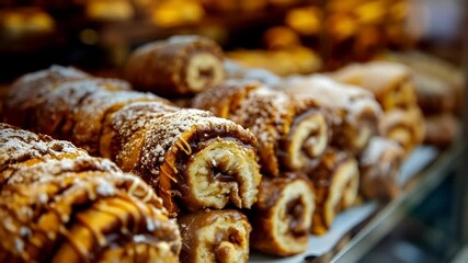 Prague, Czech Republic, Europe. A closeup of a display case filled with pastries, showcasing a variety of sweet treats.