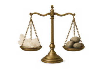 Balance scale showing imbalance with feathers on one pan and heavy stones on the other, representing justice and weight comparison, light and heavy