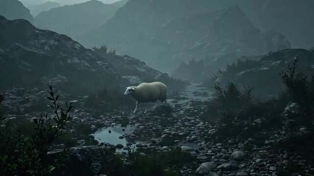 A lost sheep wanders alone in a misty valley, surrounded by rocks and thorns, symbolizing separation and despair.