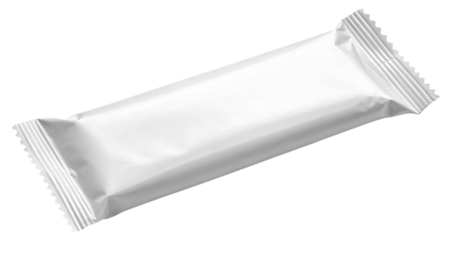 Blank white snack bar wrapper with crimped edges, cutout, PNG isolated on transparent background