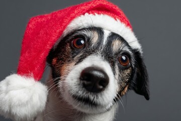 A dog with black and white fur wears a bright red Santa hat. Its expressive eyes reflect the spirit of the holidays, creating a cheerful atmosphere perfect for seasonal celebrations.