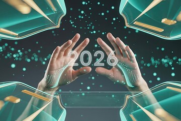 Futuristic digital projection of the year 2026 held by human hands, symbolizing next-generation technology, innovation, and hopeful anticipation.