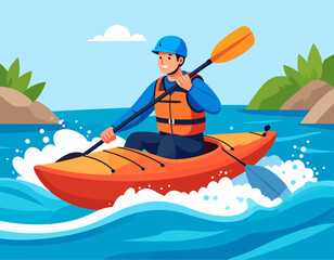 A man wearing a helmet and life vest paddles an orange kayak through blue water with green foliage in the background.