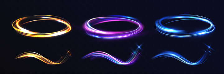 Vortex speed glowing light rings and flowing swirls set, vibrant energy trails, magic portal circles, luminous motion waves, futuristic neon glow effects on dark transparent background.
