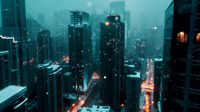 A cyberpunk cityscape at night, captured from a high vantage point overlooking a snowy urban landscape. The city is illuminated by the lights of skyscrapers and streetlights.