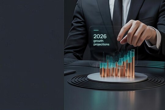 Executive analyzing 2026 growth projections on a futuristic holographic display with 3D data visualization in a modern dark setting.