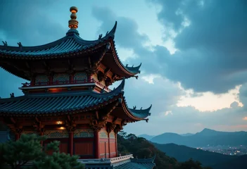 Wandcirkels  Exquisite Chinese Pagoda with Upturned Eaves Emphasizing Elegance and Timelessness  © Yaroslava