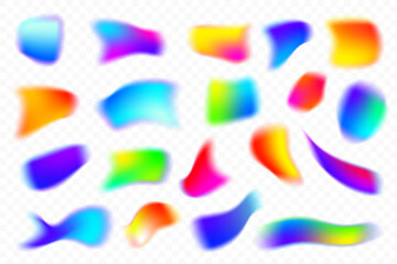 Blurred gradient colored shapes on white background. Fluid liquid mesh vector elements with holographic effect. Soft aura gradation graphic. Bright iridescent organic bubbles