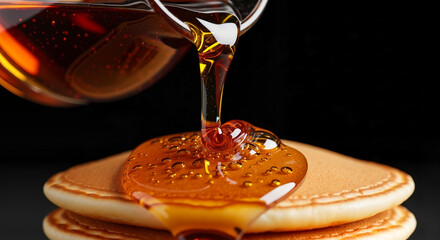 Pouring maple syrup on pancakes with bubbles and dark background