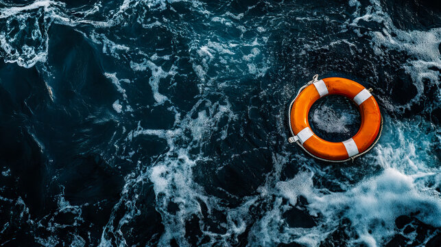 Isolated Life Preserver Floating on Rough Sea, symbolizing safety and rescue for Tsunami Awareness Week, World Tsunami Awareness Day, Disaster Day
