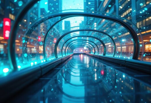 Futuristic Curved Glass Construct Seamlessly Blending into High-Tech Expanse of Tomorrow's Cityscape