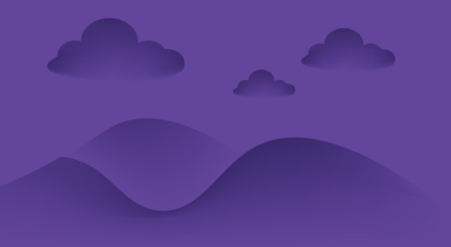 Purple mountain landscape with soft clouds, creating a serene and dreamy atmosphere with a monochromatic color scheme and a calming, peaceful environment