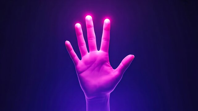 Human hand glowing with purple light on dark background
