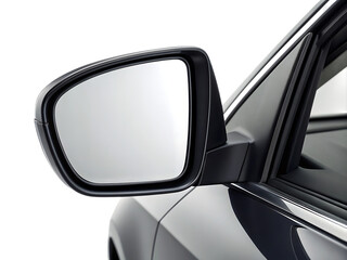 Car side mirror with glossy black housing and reflective surface, cutout, PNG isolated on transparent background