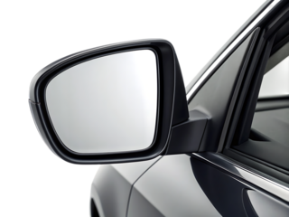 Car side mirror with glossy black housing and reflective surface, cutout, PNG isolated on transparent background