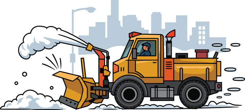 Municipal yellow snow removal machine clearing street during blizzard winter weather equipment worker vehicle flat illustration