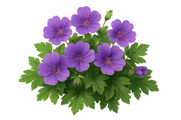 Purple geranium flowers blooming, fresh green leaves creating vibrant botanical nature garden growth on transparent background