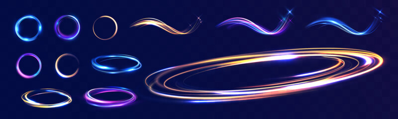 Vortex speed glowing light rings and flowing swirls set, vibrant energy trails, magic portal circles, luminous motion waves, futuristic neon glow effects on dark transparent background.  © NAUM