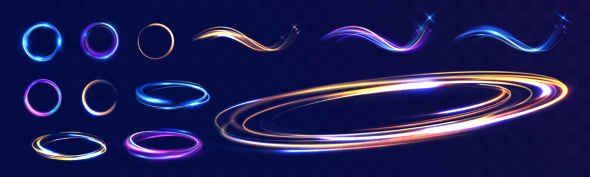 Vortex speed glowing light rings and flowing swirls set, vibrant energy trails, magic portal circles, luminous motion waves, futuristic neon glow effects on dark transparent background.
