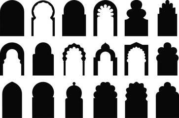 Collection of diverse traditional architectural arch silhouettes, vector set