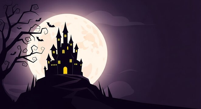 Spooky Halloween Castle Silhouette Against a Large Full Moon - Powered by Adobe