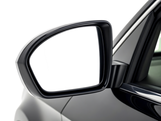 Car side mirror with glossy black housing and white geometric shapes reflected, cutout, PNG isolated on transparent background