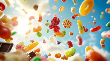 Dynamic assortment of colorful gummy candies soaring against bright blue sky for National Candy Day, National Candy Month