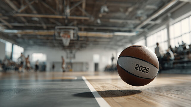 Basketball with «2026» inscription hovers in spacious indoor court, players in background. Dynamic sports future concept - Powered by Adobe