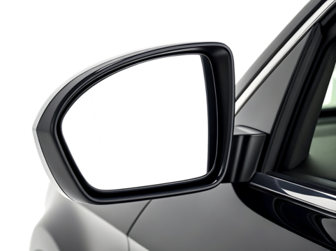 Car side mirror with glossy black housing and white geometric shapes reflected, cutout, PNG isolated on transparent background