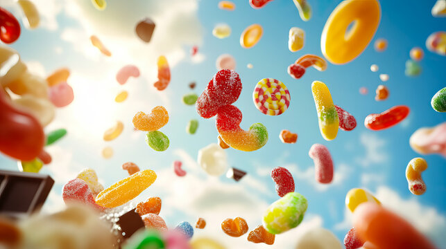 Dynamic assortment of colorful gummy candies soaring against bright blue sky for National Candy Day, National Candy Month - Powered by Adobe